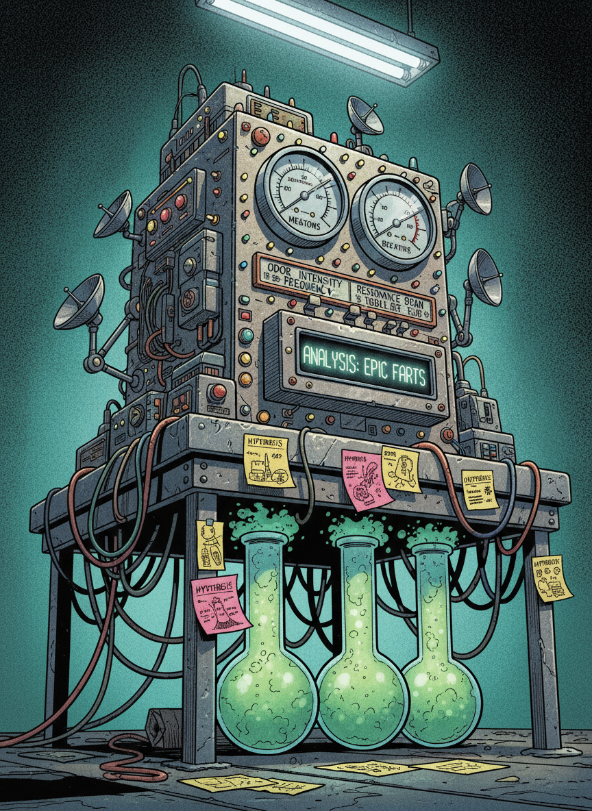 A gleaming, over-the-top high-tech “Flatulence Analyzer 3000,” a chunky retro-futuristic machine covered in blinking LEDs, tiny radar dishes, and comicbook-style gauges labeled with silly fart metrics. The device sits on a metal lab table surrounded by coiled wires, sticky-note hypotheses, and cartoonishly large test tubes filled with glowing green gas. Cool overhead lab lighting casts crisp highlights on chrome surfaces and gentle reflections on glass, while a soft teal backlight gives the whole scene a sci-fi glow. Composed in a dramatic low-angle close-up, the machine dominates the frame, with exaggerated perspective lines and dynamic shadows. The mood is gleefully overdramatic, like a superhero gadget cataloging the most trivial of bodily functions, drawn in a colorful, punchy comicbook style with halftone textures.