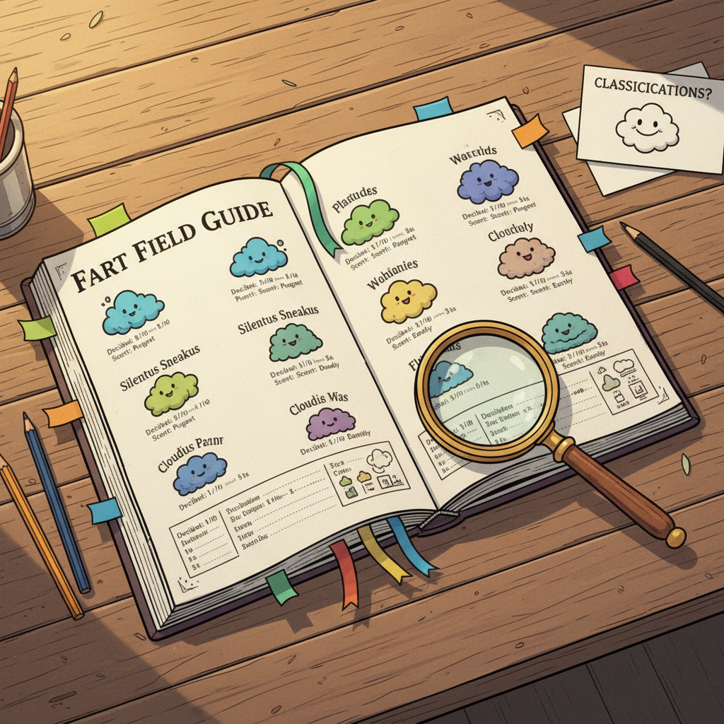 A neatly organized “Fart Field Guide” spread open on a wooden desk, each page filled with small, cartoonish cloud icons in different shapes and colors, annotated with comedic scientific names and stats. Sticky tabs and color-coded bookmarks sprout from the edges, while around the book lie scattered pencils, a magnifying glass, and a small stack of index cards marked with doodled gas clouds. Soft afternoon light from an unseen window falls across the pages, casting gentle, elongated shadows and warm highlights on the paper texture. Framed from a slightly elevated top-down angle, the illustration keeps the guide in sharp focus while the desk edges blur subtly. The mood is studious yet silly, like a serious birdwatcher’s journal reimagined for fart taxonomy, drawn in a clean, vibrant comicbook aesthetic with crisp linework.
