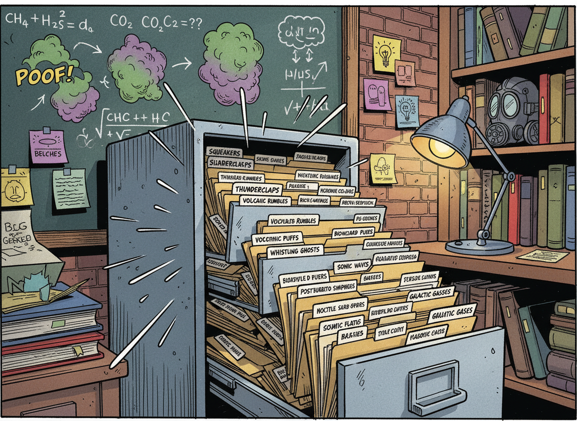 A playful comicbook-style scene of a detailed open filing cabinet overflowing with neatly labeled manila folders, each tab hand-lettered with absurd scientific fart categories like “Squeakers,” “Thunderclaps,” and “Silent But Deadlies.” The cabinet stands in a cozy, slightly cluttered lab-library hybrid, with chalkboards covered in funny gas diagrams and colorful sticky notes on the walls. Warm, diffused studio lighting creates soft shadows and rich, saturated colors, emphasizing the whimsical atmosphere. Framed at eye level with a slight three-quarter angle, the focus is on the labels and folder textures, while the background is gently blurred. The mood is lighthearted and nerdy, like a parody of serious research, rendered with bold outlines, expressive motion lines, and vibrant comicbook shading.