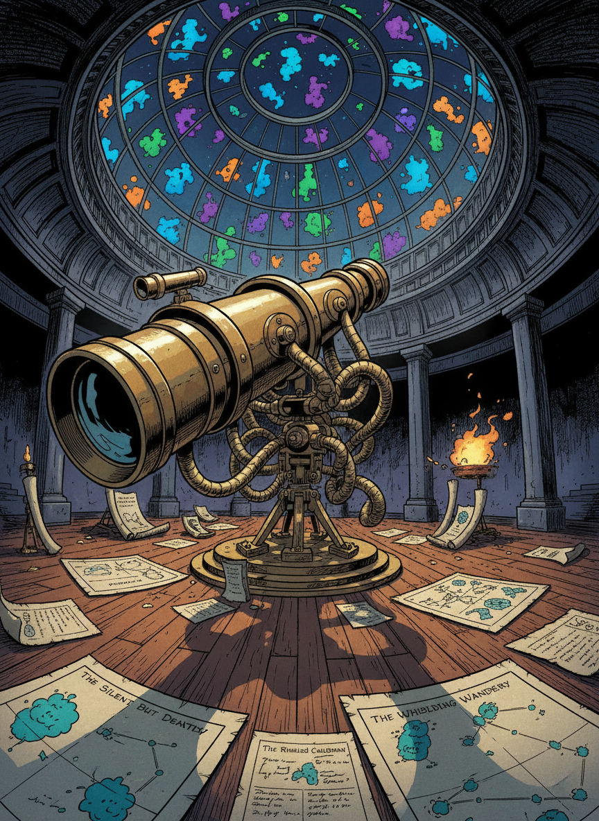 An absurd “Fart Observatory” interior in comicbook style, featuring a massive, brass-rimmed telescope pointed out of a domed skylight, aimed at a night sky dotted not with stars but tiny, luminous gas clouds in various hues. The observatory floor is littered with scrolls and star charts that actually map different fart types, complete with humorous constellations. Moonlight streams through the dome, creating dramatic beams and long, angular shadows across the wooden floor and metallic telescope. Captured in a wide, slightly low-angle shot, the composition emphasizes the telescope’s exaggerated size and the dreamy, ridiculous cosmos beyond. The atmosphere is whimsical and epic, blending scientific grandeur with toilet humor, rendered in rich, saturated colors with bold inked outlines and dramatic comicbook shading.